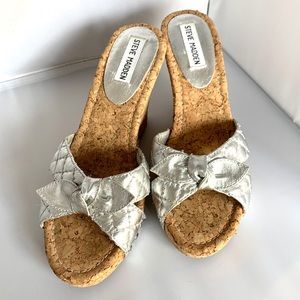 Steve Madden Silver Bow Cork Wedge Sandal 7.5